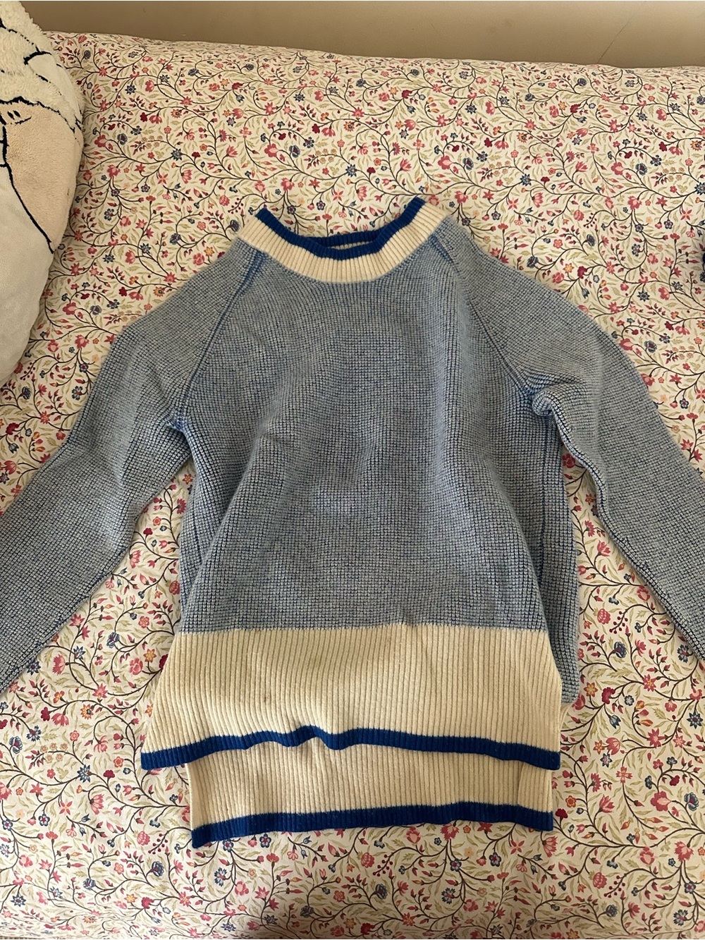 Women's Blue and Cream Rib-Trim Sweater